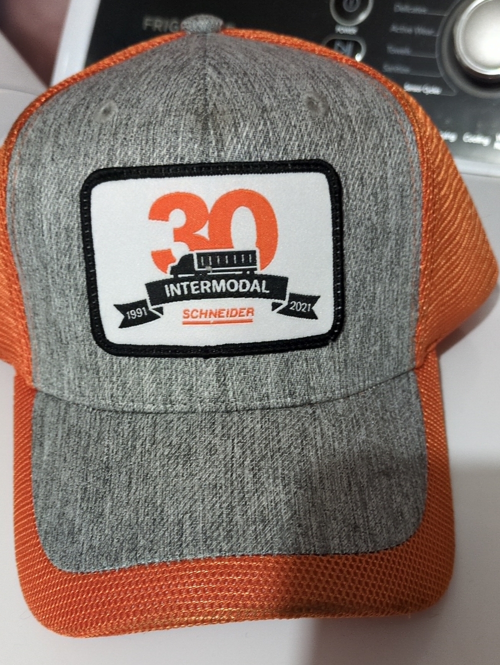 Schneider Grey and Orange Mesh Trucker Hat